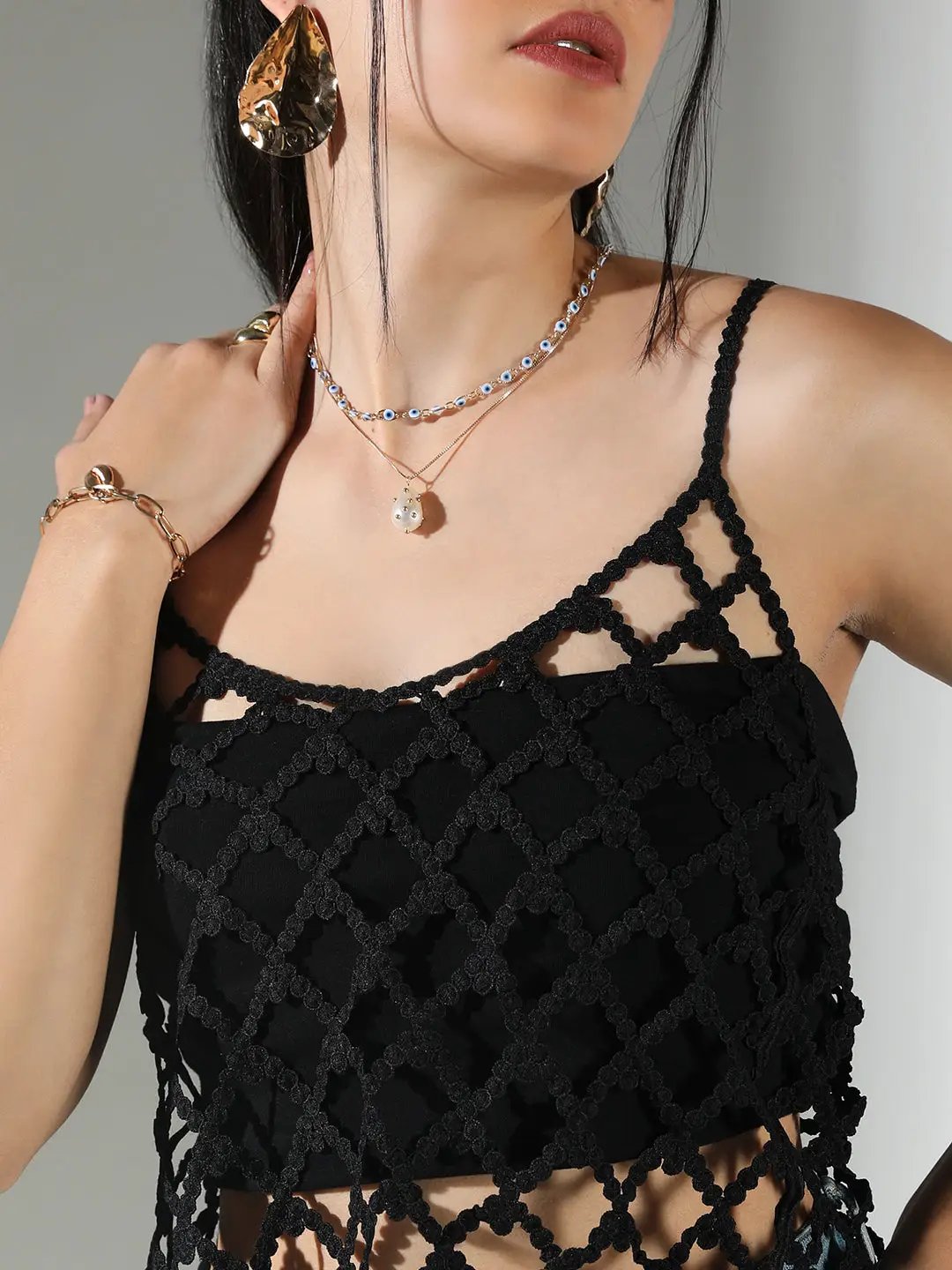 Women's Textured Cut Out Black V-Neck Top