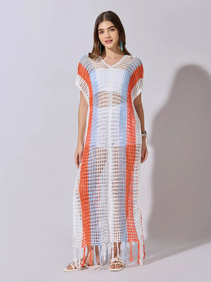 Women's Striped White Crochet Longline Top with Fringe Hem