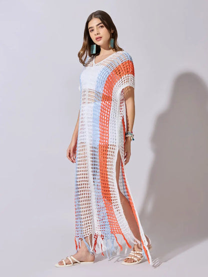 Women's Striped White Crochet Longline Top with Fringe Hem