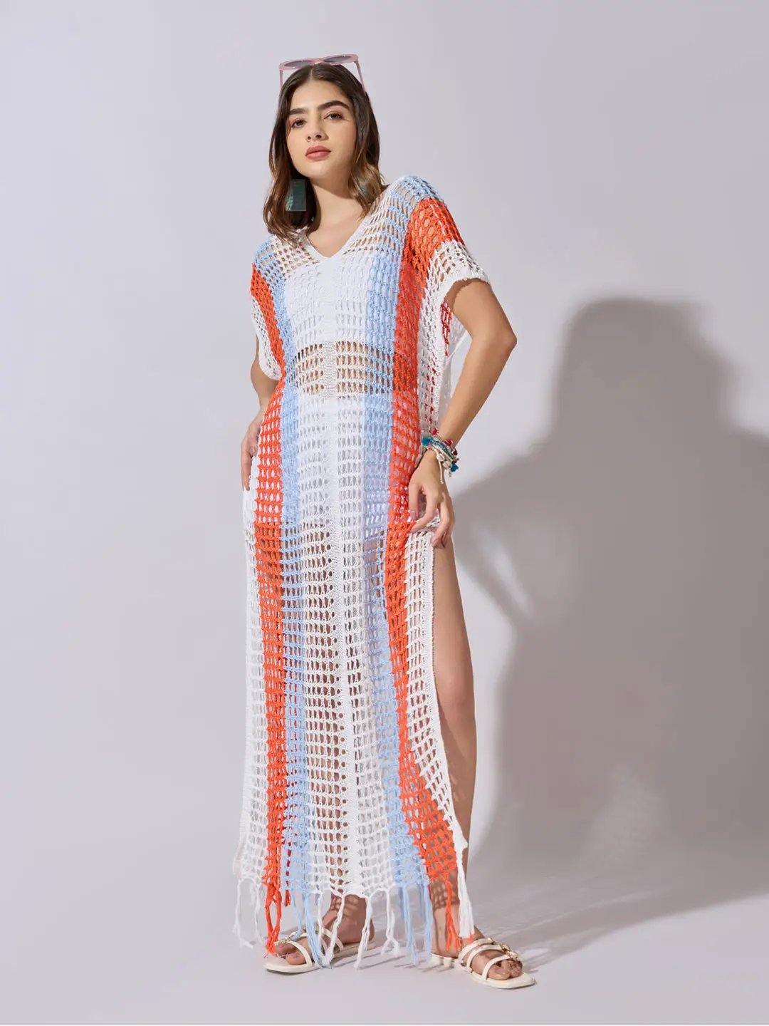 Women's Striped White Crochet Longline Top with Fringe Hem