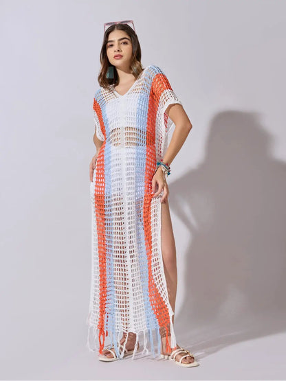 Women's Striped White Crochet Longline Top with Fringe Hem