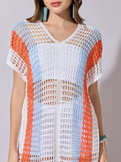 Women's Striped White Crochet Longline Top with Fringe Hem