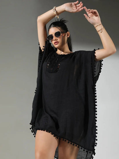 Women's Crochet Detail Black Dress with Pom-Poms