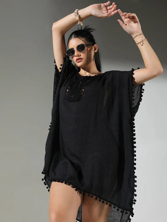 Women's Crochet Detail Black Dress with Pom-Poms