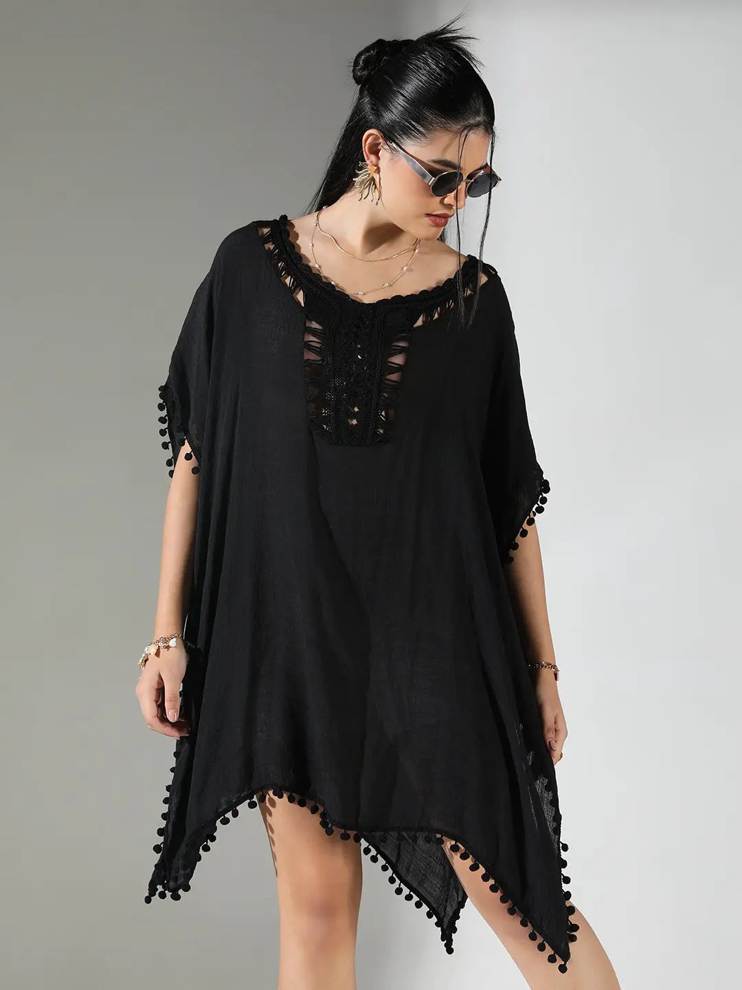 Women's Crochet Detail Black Dress with Pom-Poms