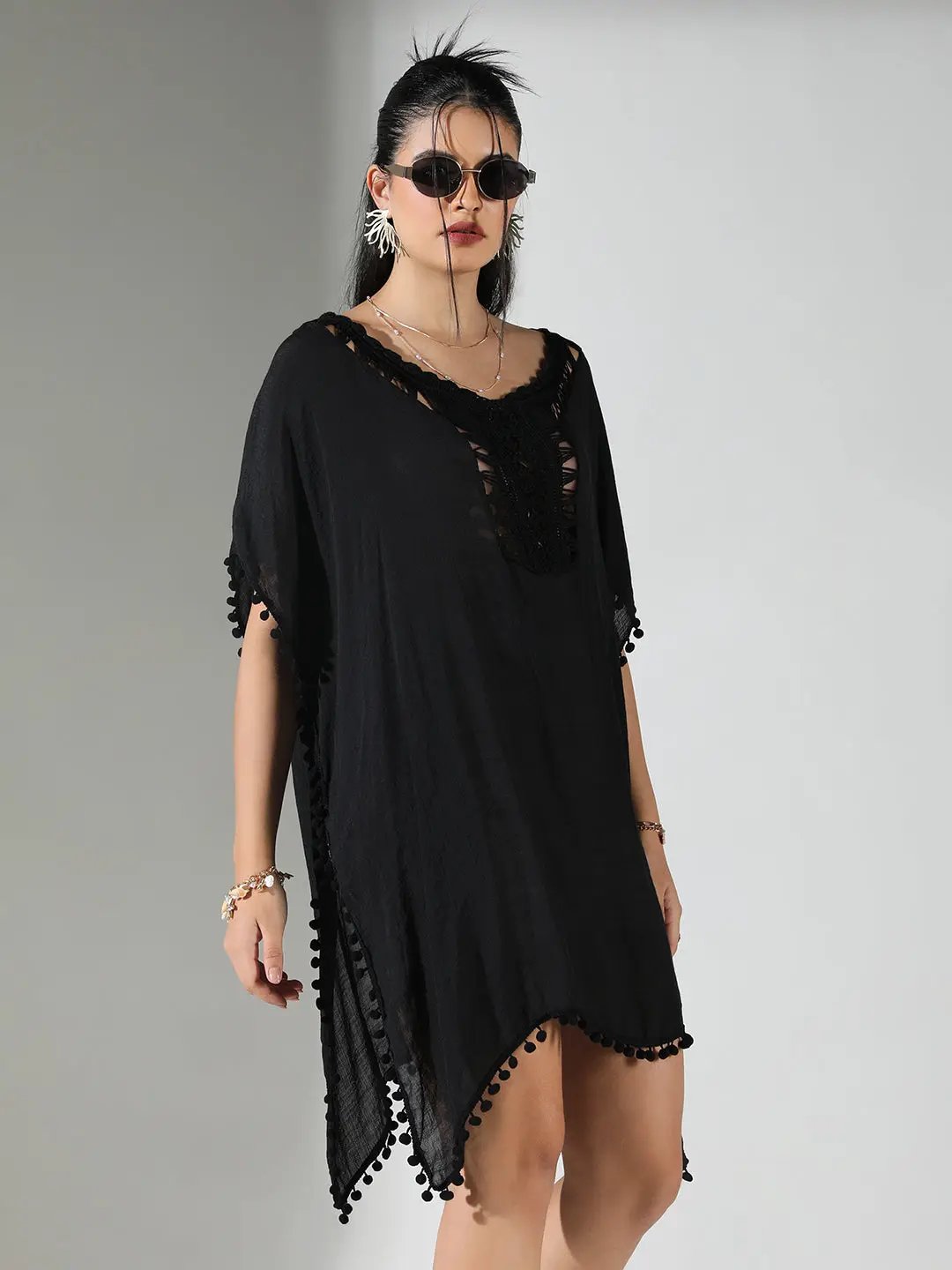 Women's Crochet Detail Black Dress with Pom-Poms