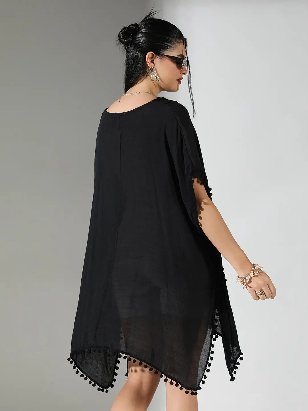 Women's Crochet Detail Black Dress with Pom-Poms
