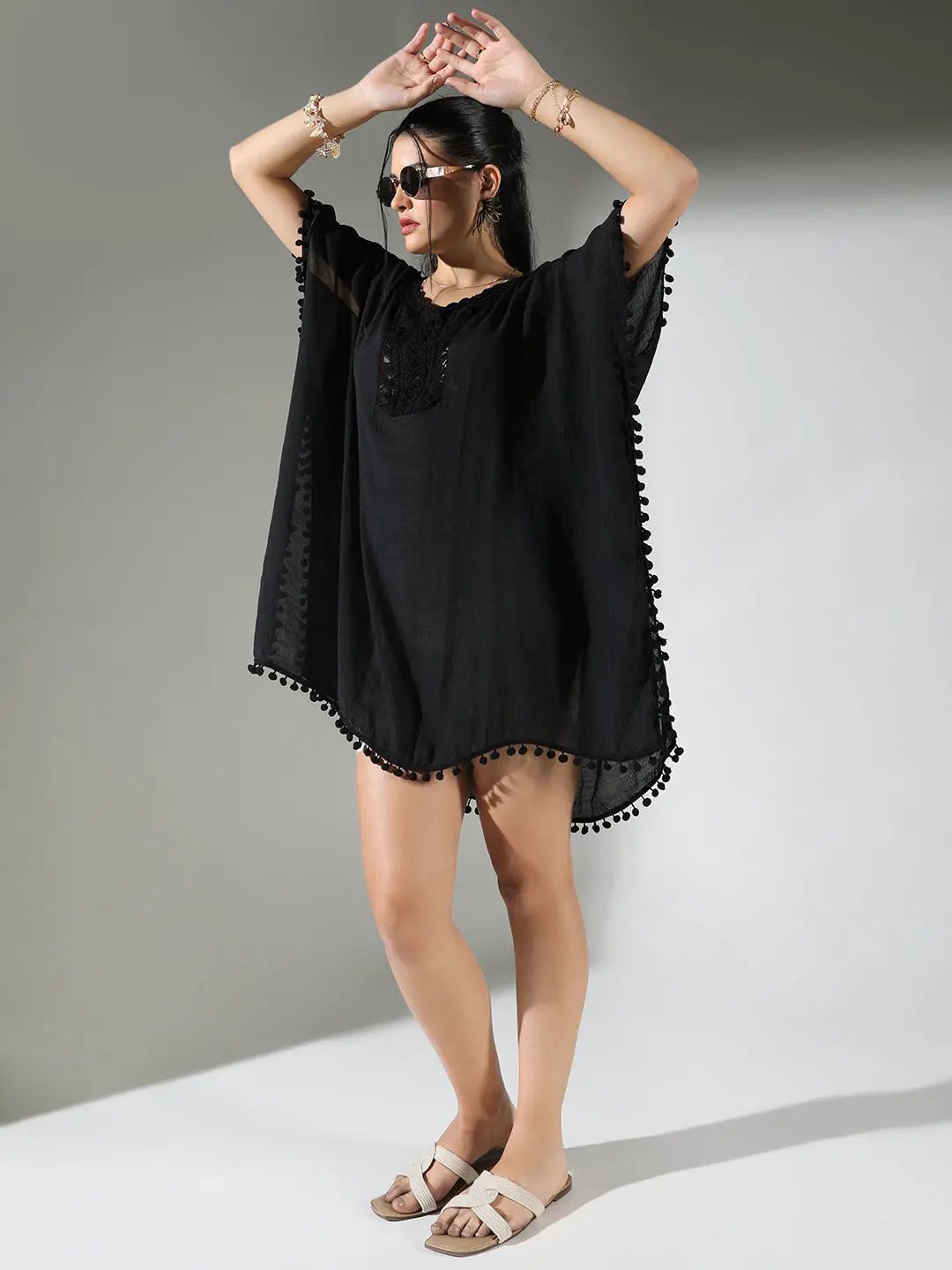Women's Crochet Detail Black Dress with Pom-Poms