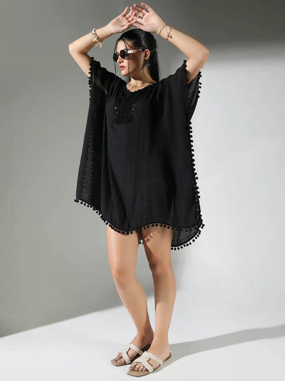 Women's Crochet Detail Black Dress with Pom-Poms