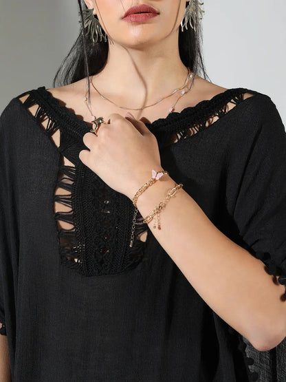 Women's Crochet Detail Black Dress with Pom-Poms