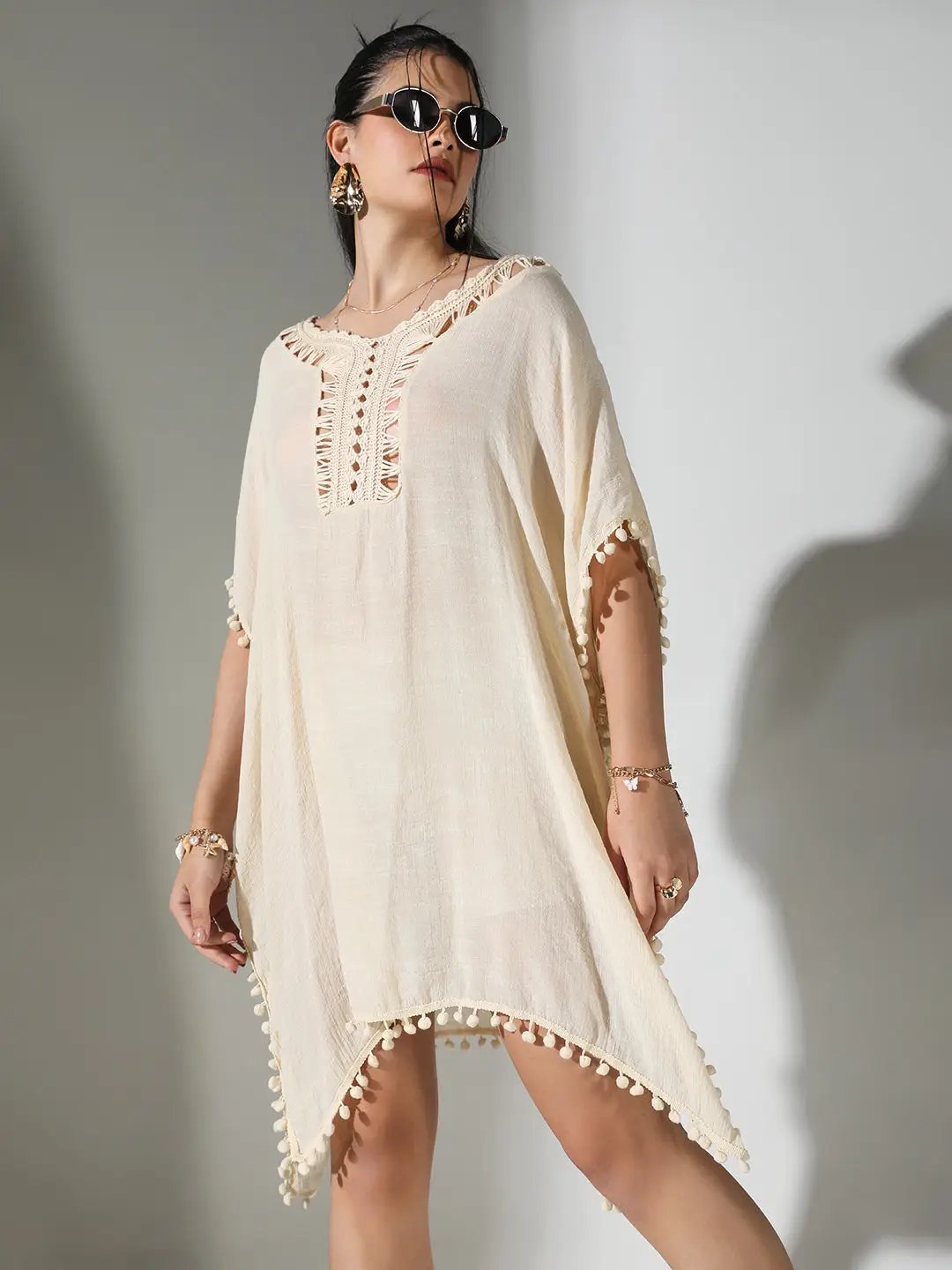 Women's Crochet Detail Cream Dress with Pom-Poms