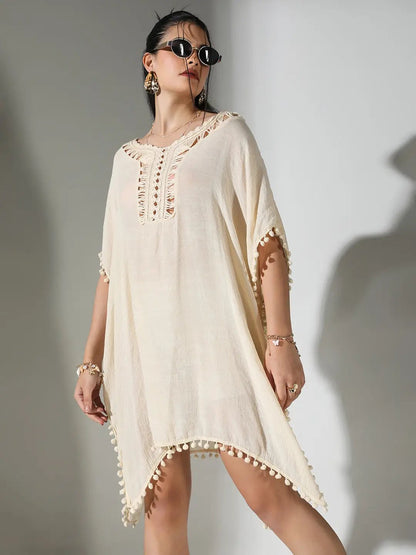 Women's Crochet Detail Cream Dress with Pom-Poms