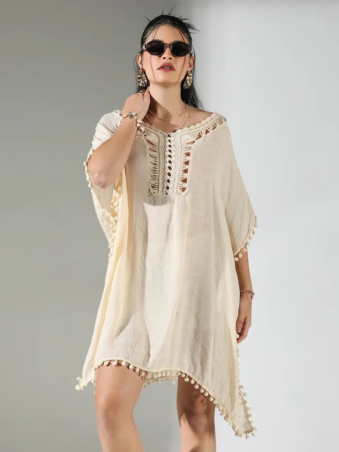 Women's Crochet Detail Cream Dress with Pom-Poms