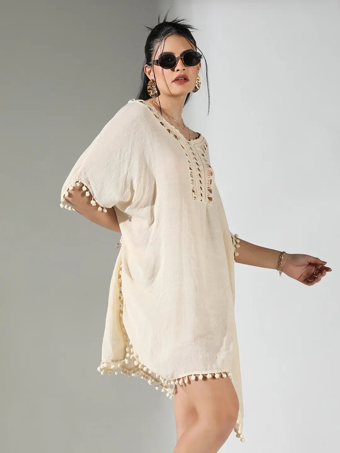 Women's Crochet Detail Cream Dress with Pom-Poms