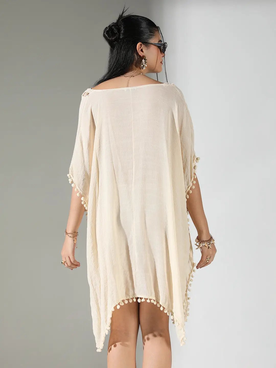 Women's Crochet Detail Cream Dress with Pom-Poms