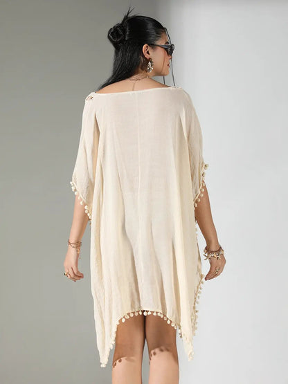 Women's Crochet Detail Cream Dress with Pom-Poms