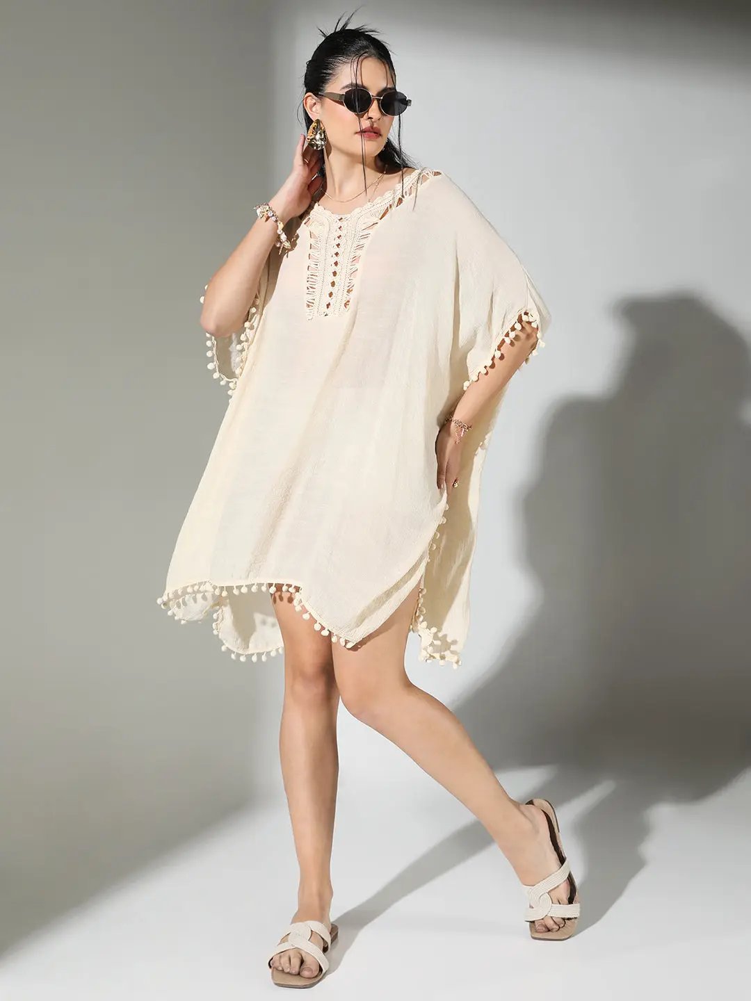 Women's Crochet Detail Cream Dress with Pom-Poms