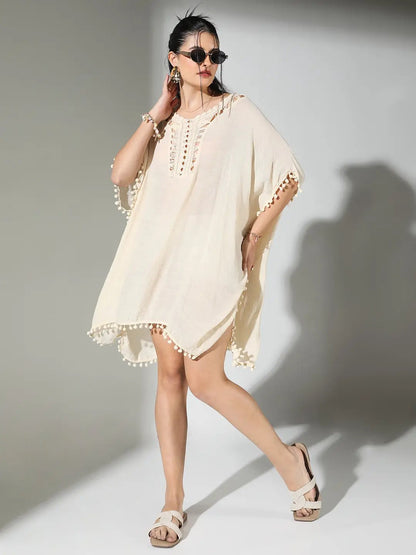 Women's Crochet Detail Cream Dress with Pom-Poms