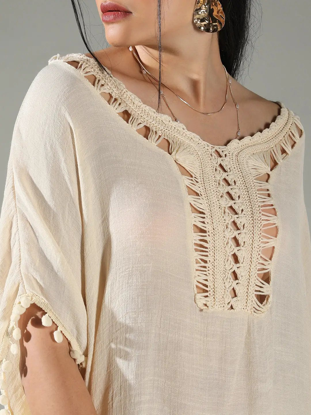 Women's Crochet Detail Cream Dress with Pom-Poms