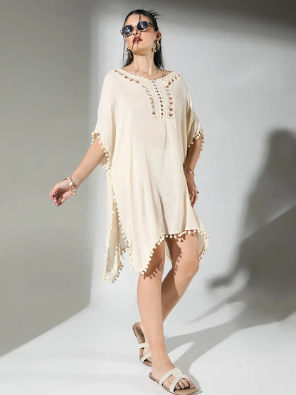 Women's Crochet Detail Cream Dress with Pom-Poms