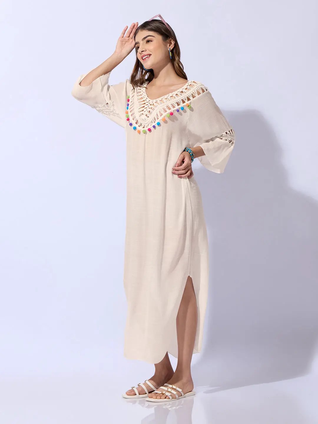 Women's Cream Dress with Pom-Poms and Crochet Detail