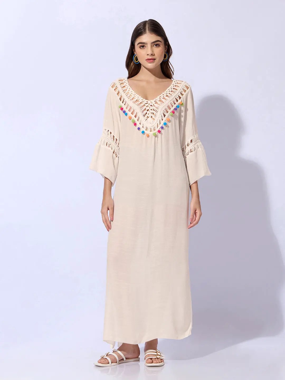 Women's Cream Dress with Pom-Poms and Crochet Detail