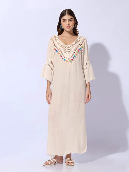 Women's Cream Dress with Pom-Poms and Crochet Detail