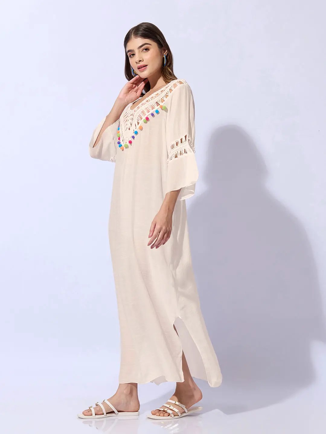 Women's Cream Dress with Pom-Poms and Crochet Detail