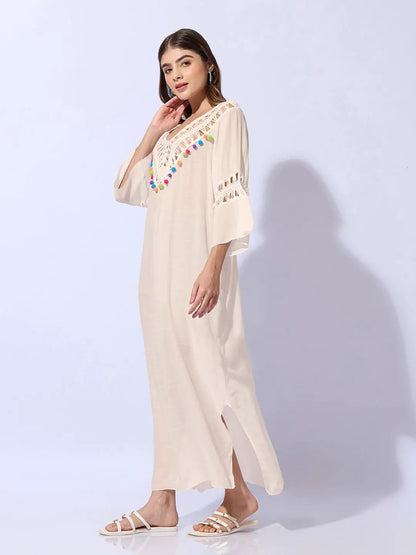 Women's Cream Dress with Pom-Poms and Crochet Detail