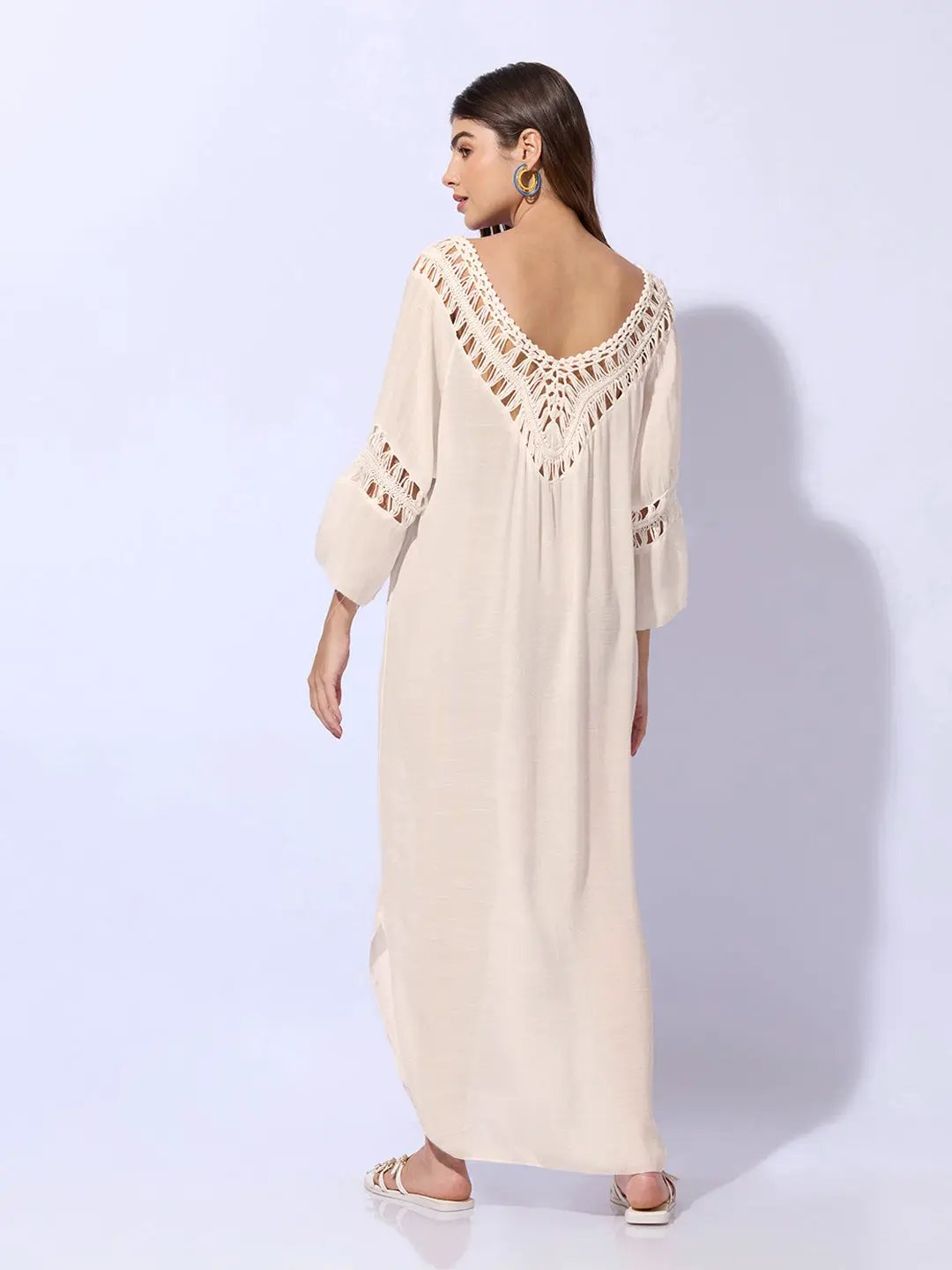Women's Cream Dress with Pom-Poms and Crochet Detail
