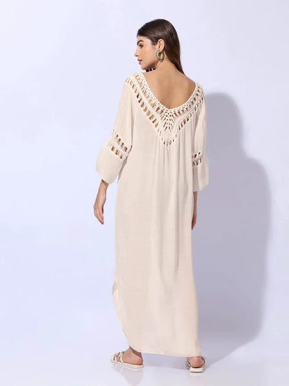 Women's Cream Dress with Pom-Poms and Crochet Detail