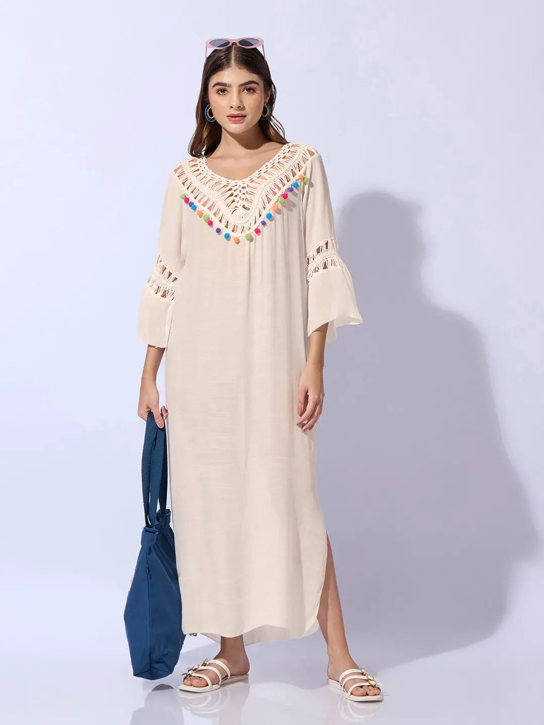 Women's Cream Dress with Pom-Poms and Crochet Detail