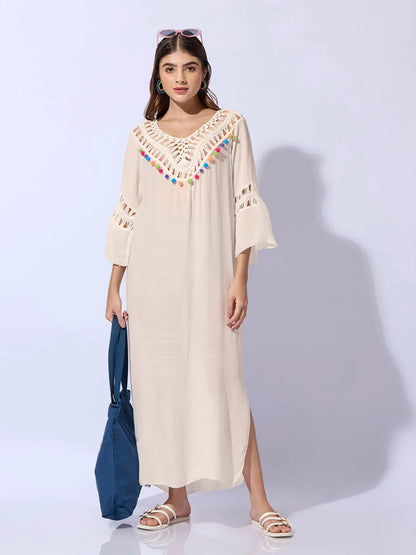 Women's Cream Dress with Pom-Poms and Crochet Detail