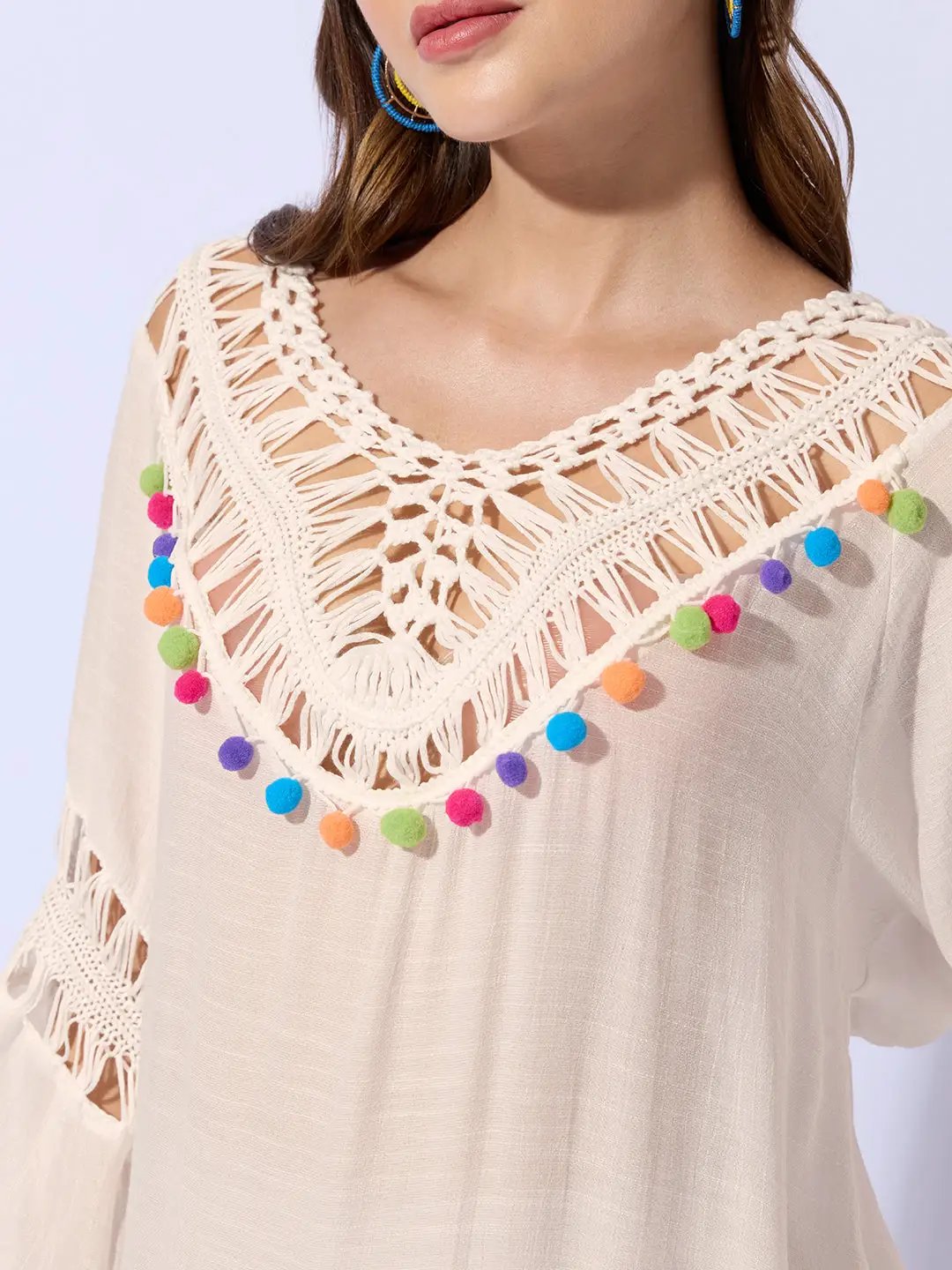 Women's Cream Dress with Pom-Poms and Crochet Detail