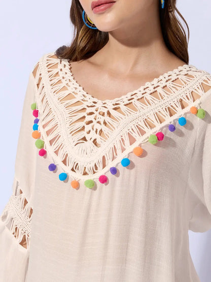 Women's Cream Dress with Pom-Poms and Crochet Detail