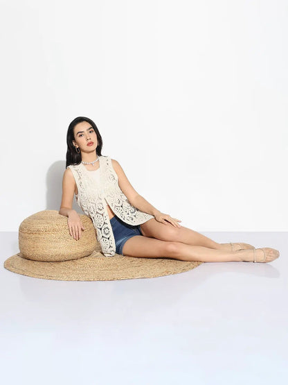 Women's Cream Self Design Longline Crochet Shrug