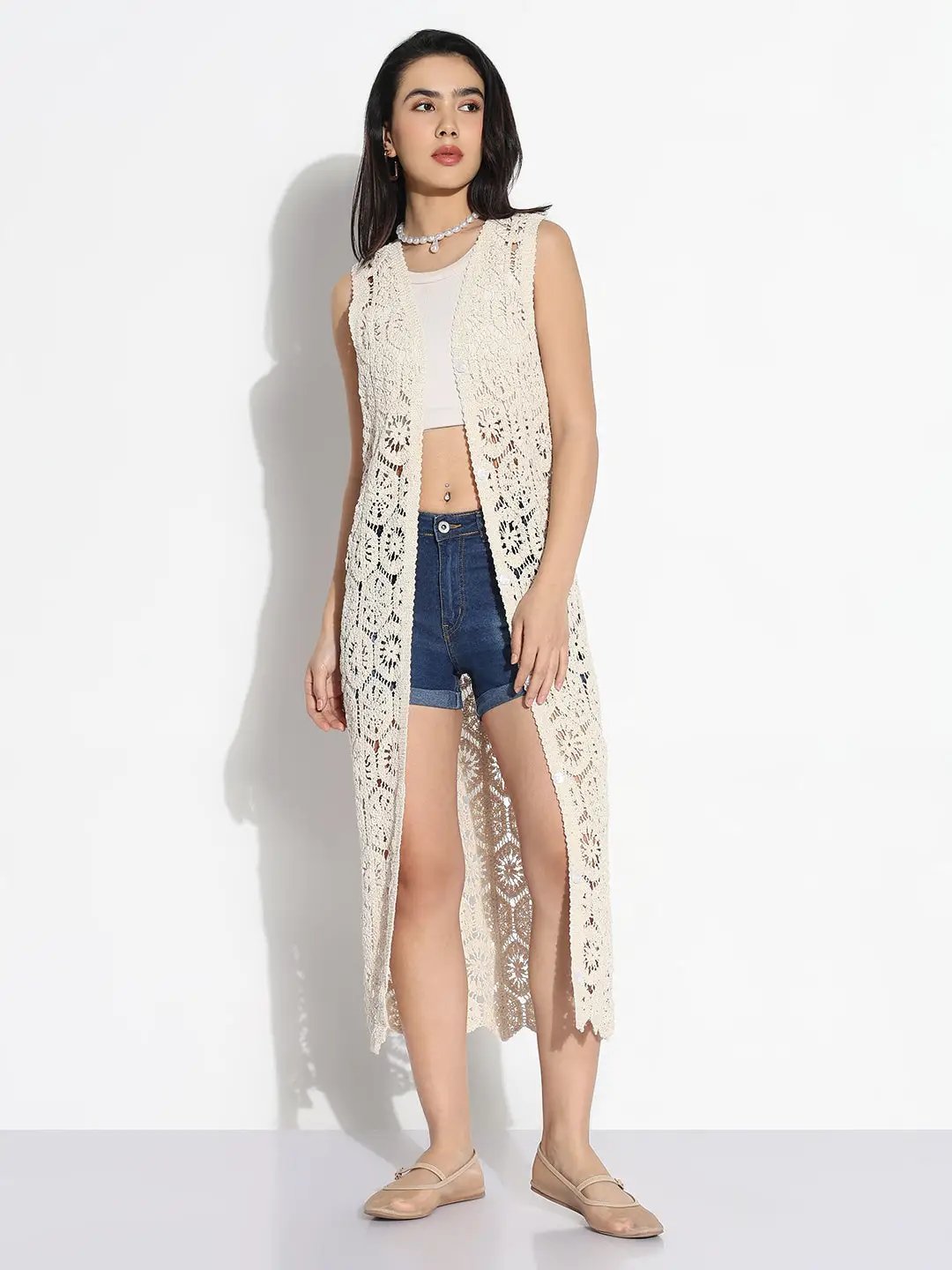 Women's Cream Self Design Longline Crochet Shrug