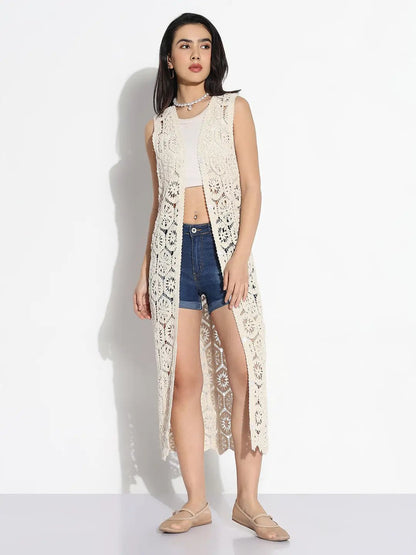 Women's Cream Self Design Longline Crochet Shrug