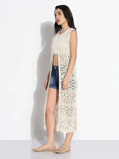 Women's Cream Self Design Longline Crochet Shrug