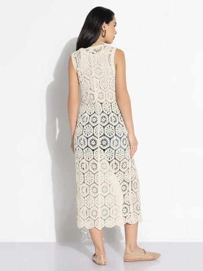 Women's Cream Self Design Longline Crochet Shrug
