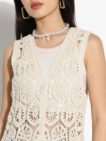 Women's Cream Self Design Longline Crochet Shrug