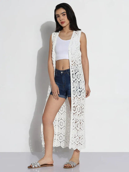 Women's White Self Design Longline Crochet Shrug