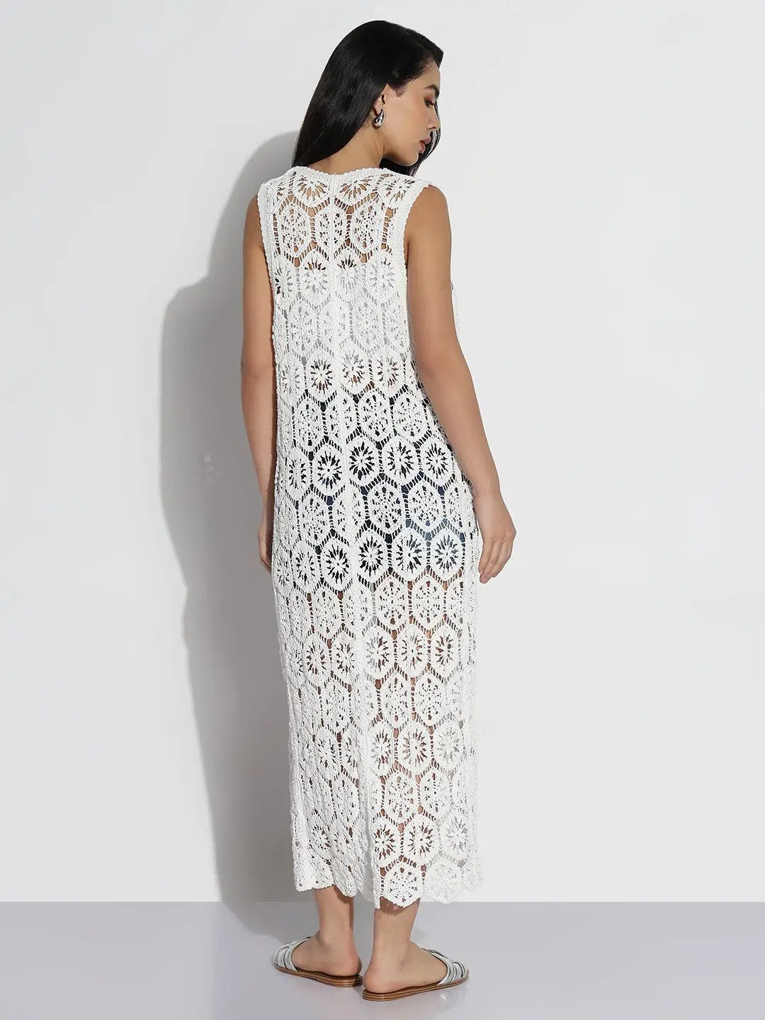 Women's White Self Design Longline Crochet Shrug