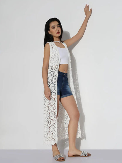 Women's White Self Design Longline Crochet Shrug