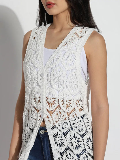 Women's White Self Design Longline Crochet Shrug