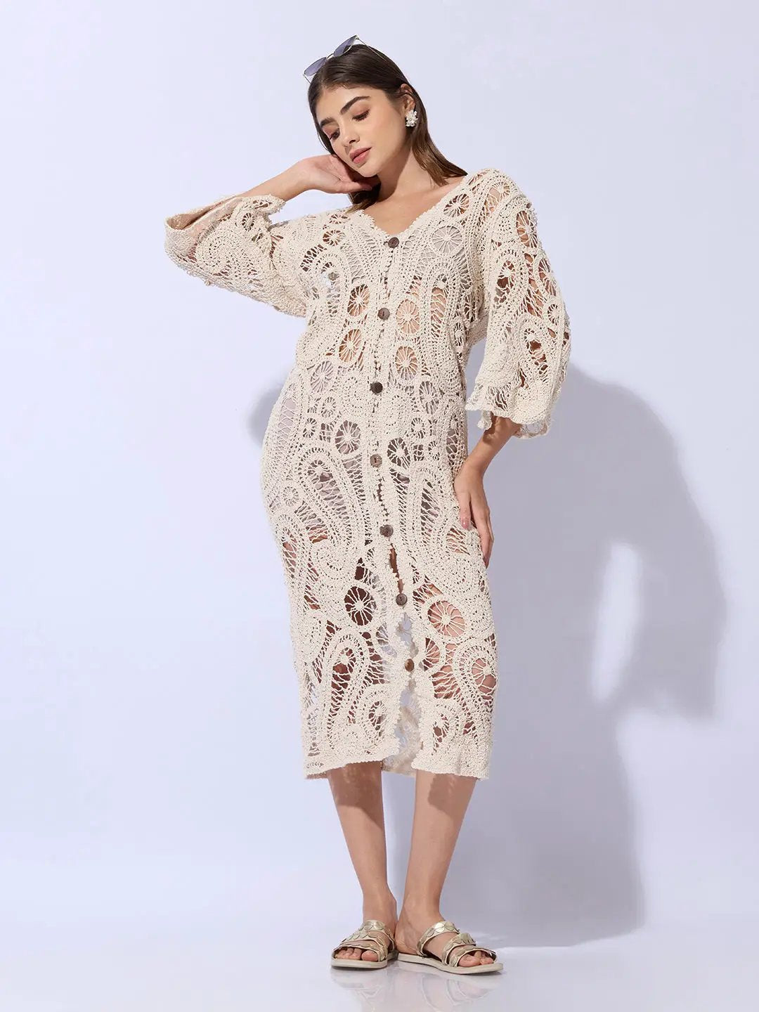 Women's Crochet Cream Longline Button Front Shrug
