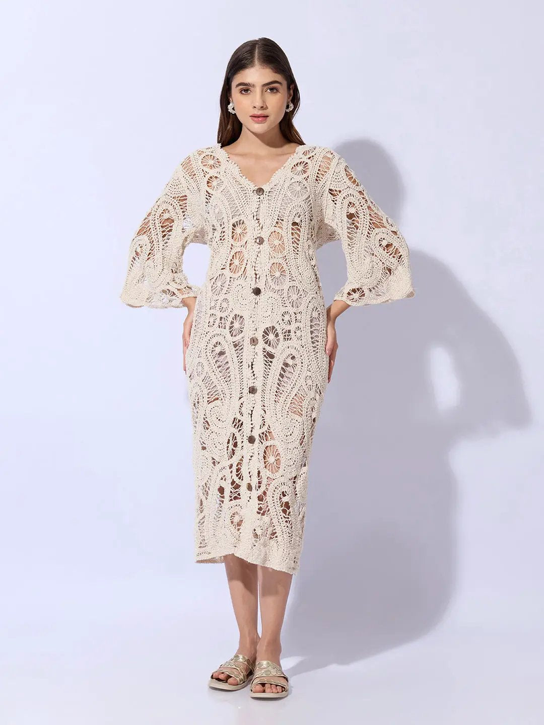 Women's Crochet Cream Longline Button Front Shrug