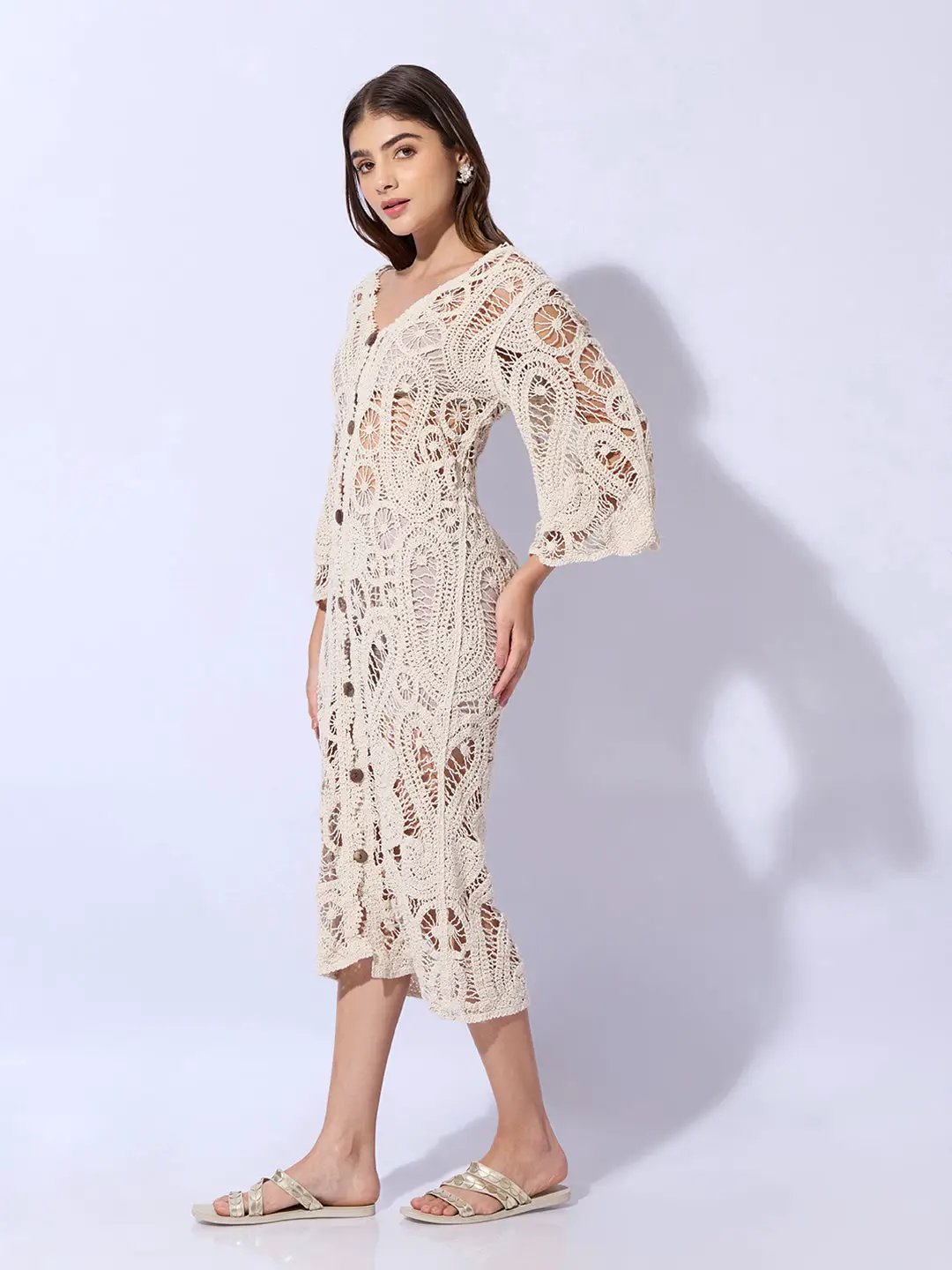 Women's Crochet Cream Longline Button Front Shrug