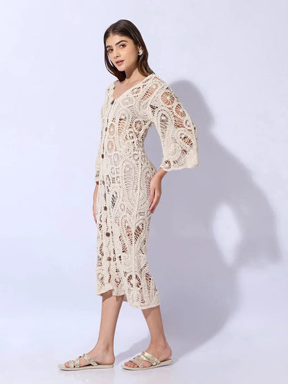 Women's Crochet Cream Longline Button Front Shrug