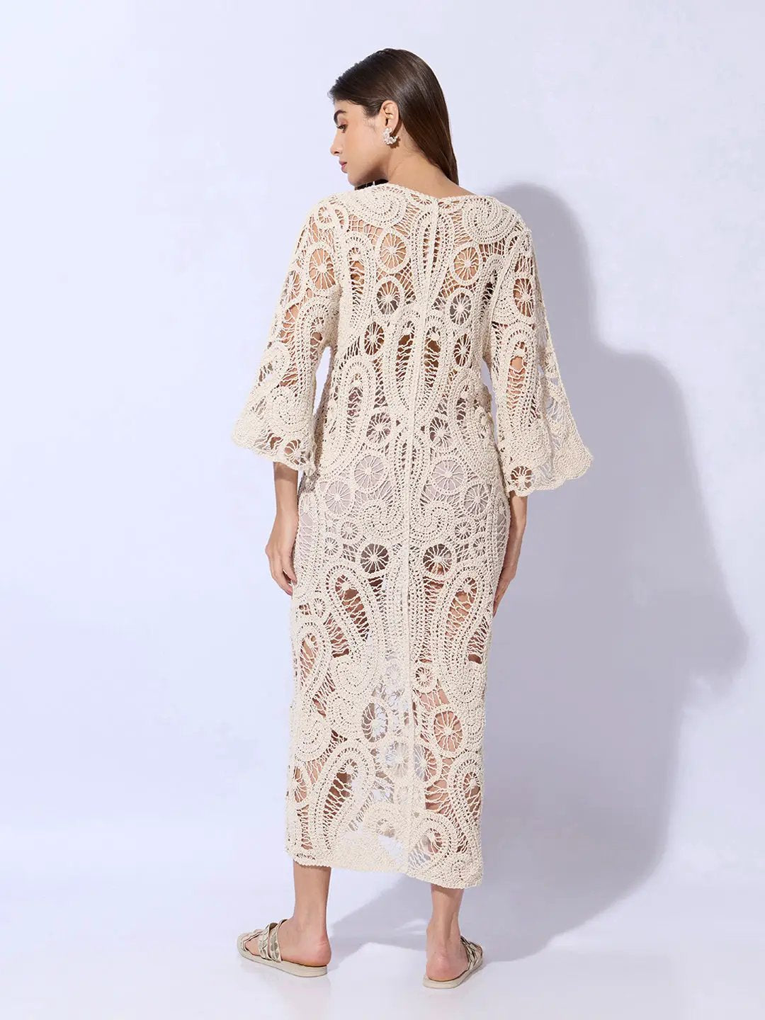 Women's Crochet Cream Longline Button Front Shrug
